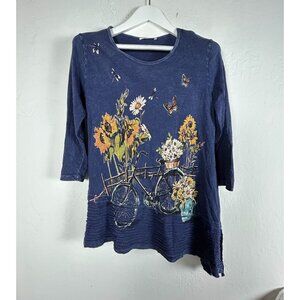 Jess & Jane Womens Small Blue Floral Bicycle 3/4 Sleeve Asymmetric Tunic Top